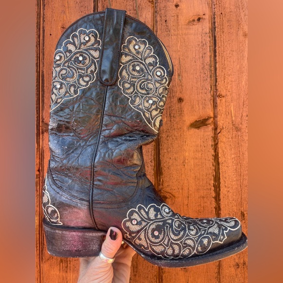 OLD GRINGO Yippi Ki Yay! Black Distressed Rhinestones*Glitter*Cowgirl Boots! 6.5